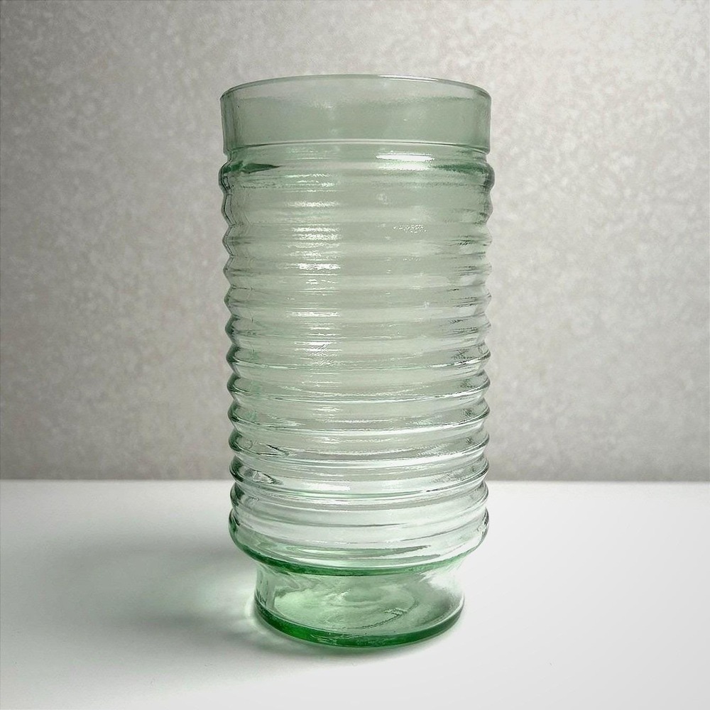 Vintage Anchor Glass Container Green drinking Glass Tumbler Raised Ribbed Retro